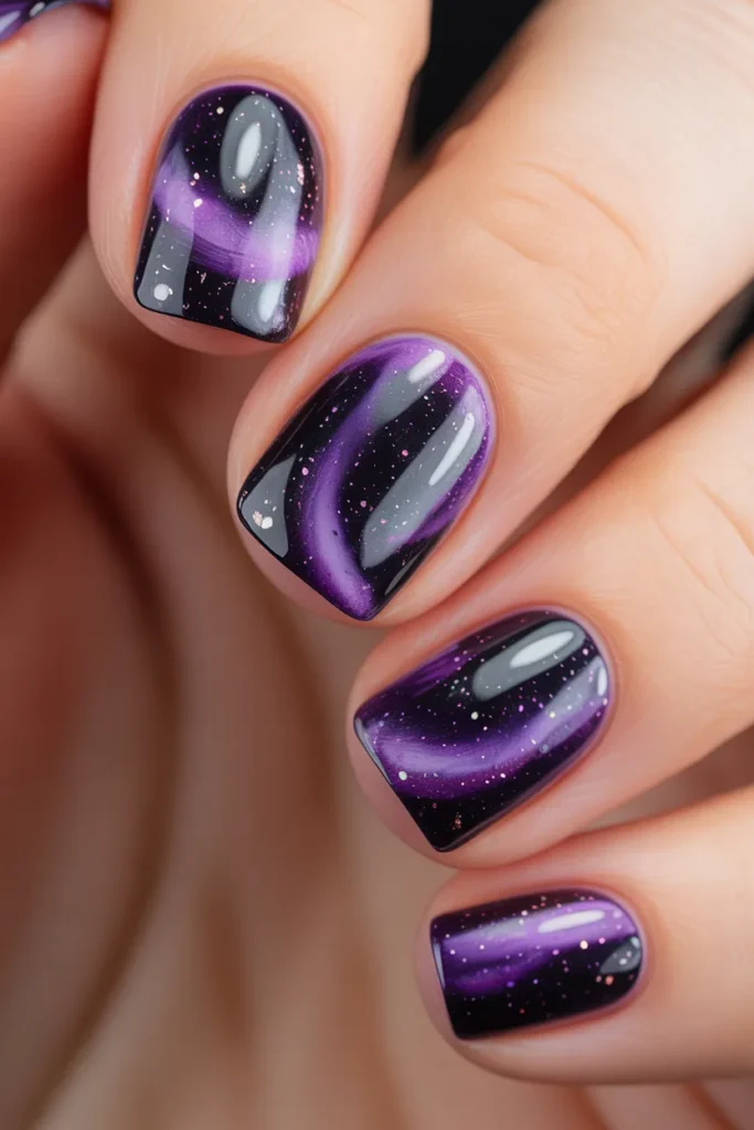 galaxy watercolor nails, purple black shimmer blend