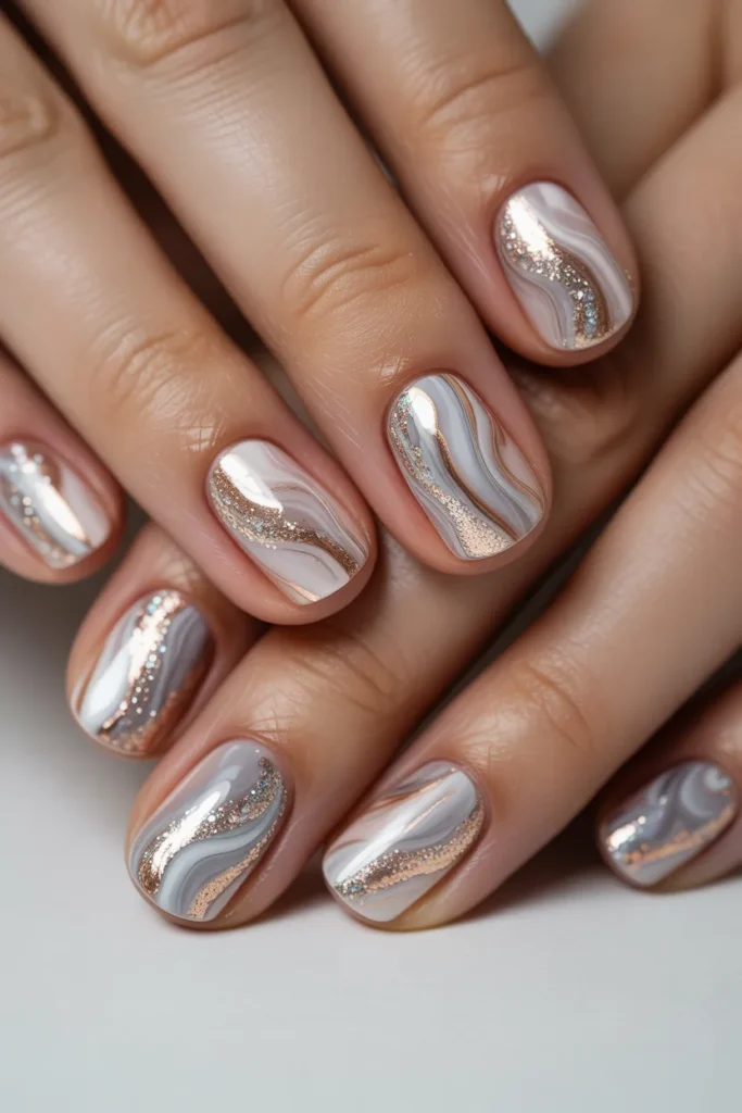 glitter marble nails, sparkling swirl design