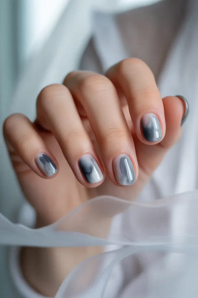 grey watercolor nails, misty soft blend white