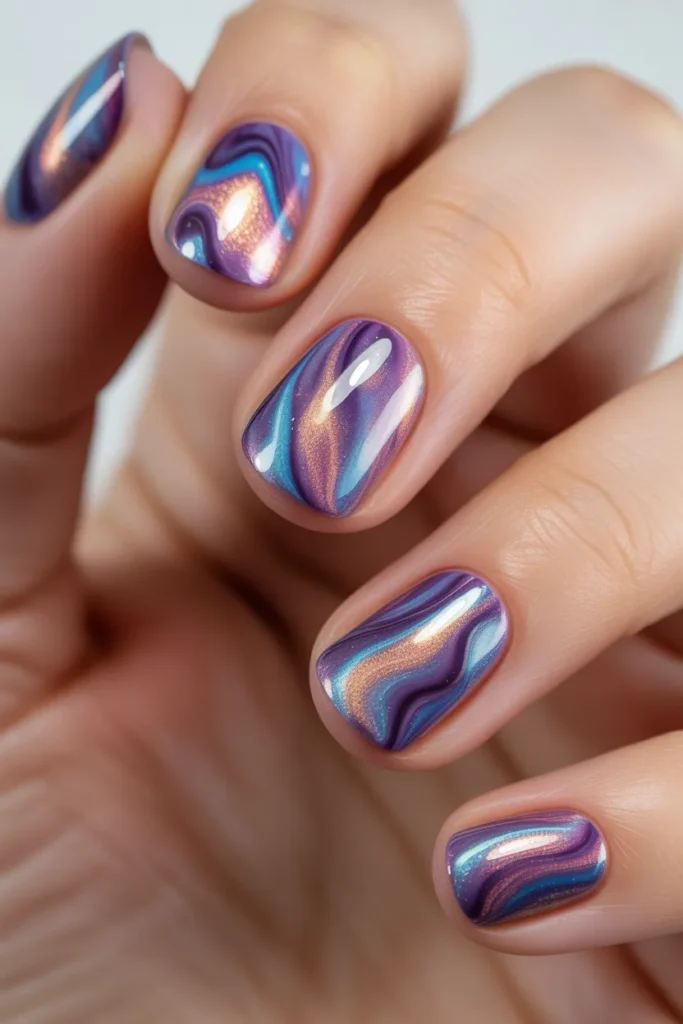 holographic marble nails, iridescent shine swirl