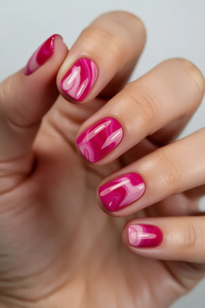 hot pink marble nails, glossy finish