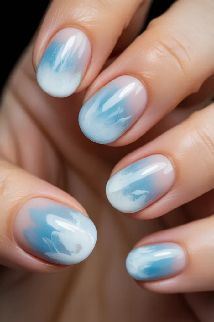  ice blue watercolor nails, white frosty blend