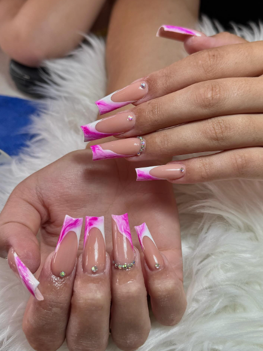 Blush Pink and Silver Rhinestone Nails