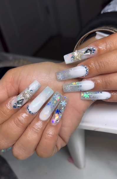 Snow White Nails with Rhinestone Snowflakes