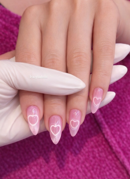 Soft Pink Nails with Rhinestone Hearts