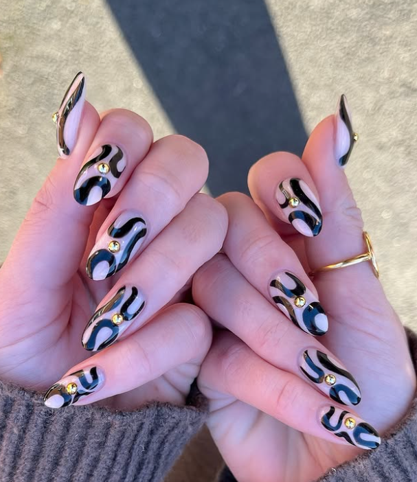 Black and Gold Rhinestone Nails