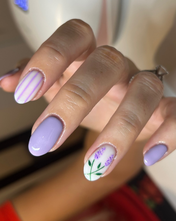Soft Lavender Nails with Rhinestone Crowns
