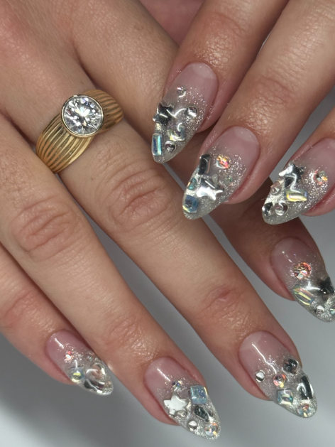 Nude Nails with Rhinestone Lattice Design