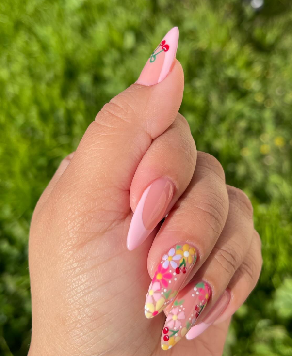Soft Peach Nails with Rhinestone Flowers