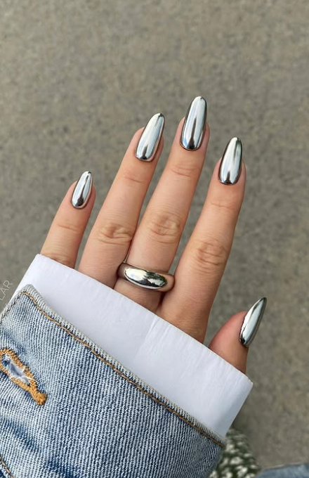 Metallic Silver Nails with Rhinestone Detail