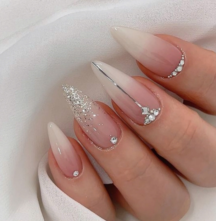 Elegant White Nails with Rhinestone Bands