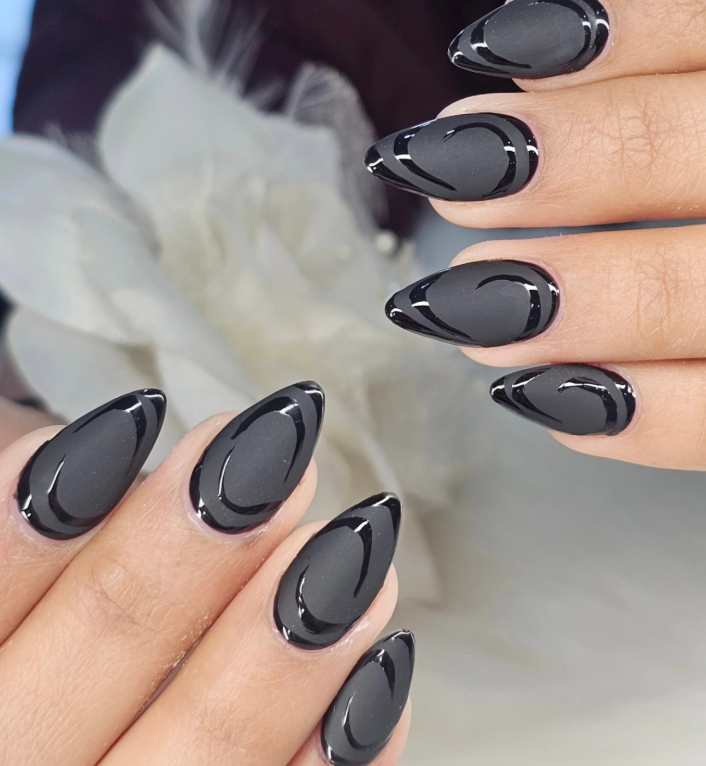 Matte Black Nails with Rhinestone Stripes