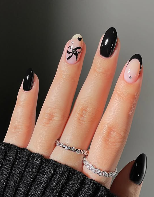 Bold Black Nails with Rhinestone Tips