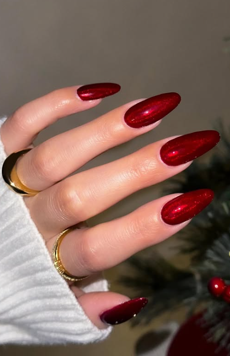Glossy Red Nails with Rhinestone Accents