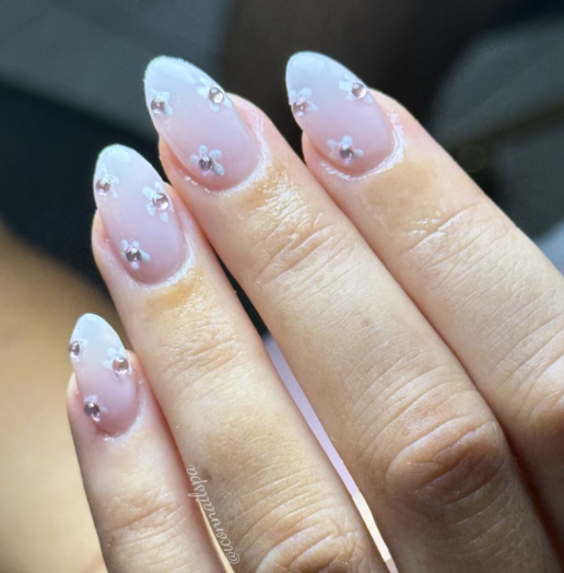 Neon Pink Nails with Rhinestone Tips