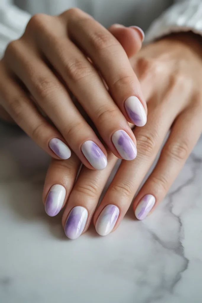  lavender watercolor nails, misty white blend