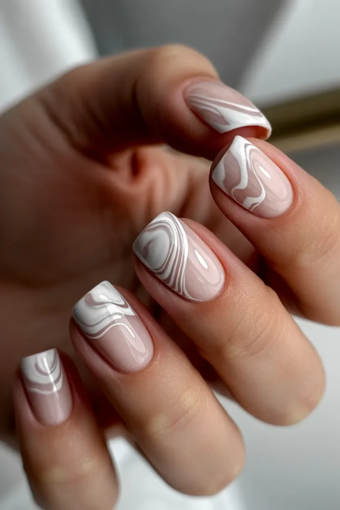 marble french tip nails, white swirl tips