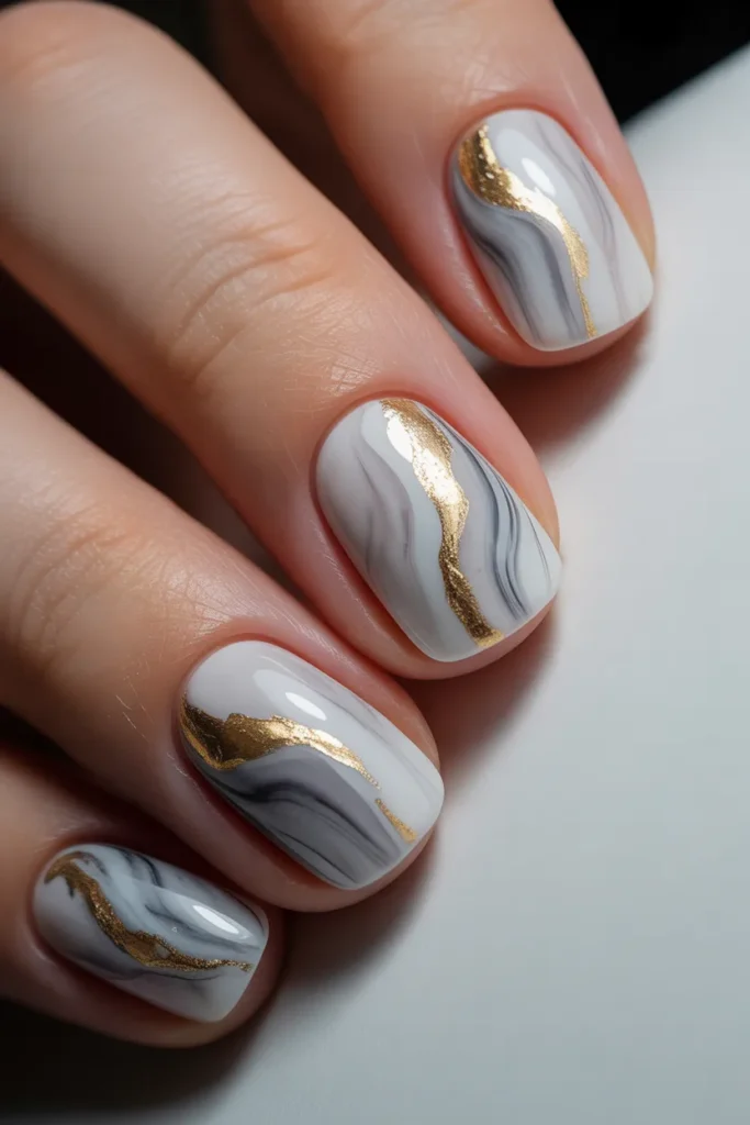 marble nails with gold foil, white base swirl elegant