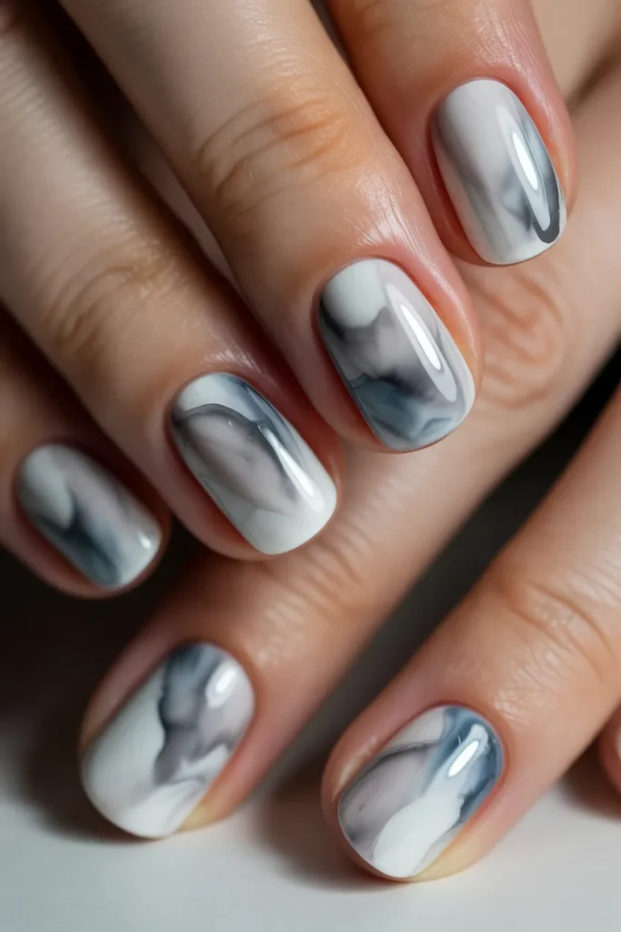 marble watercolor nails, white grey blue blend, luxury nail art