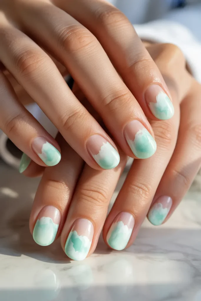 mint watercolor nails, green white blend