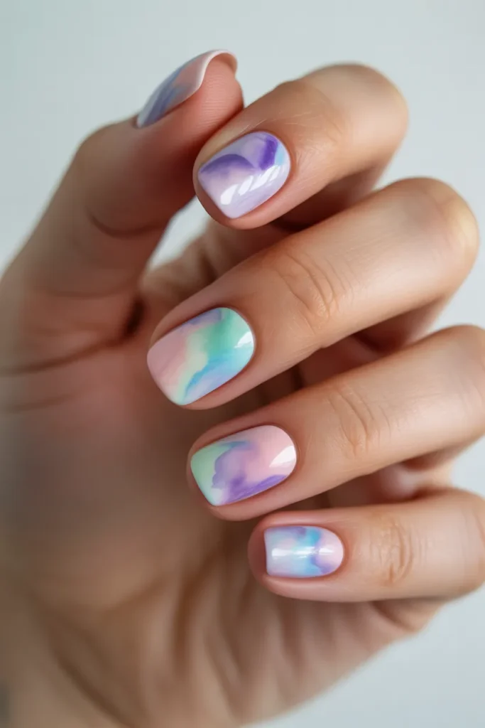 multicolor watercolor nails, pastel blended abstract design