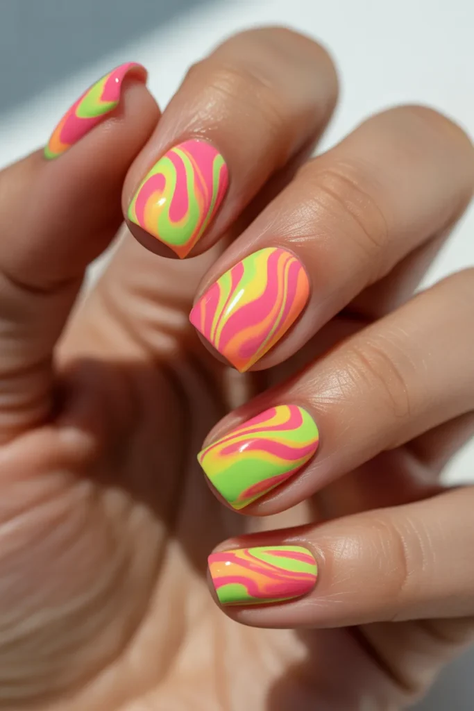neon water marble nails, vibrant pink yellow green swirls, bold summer nails