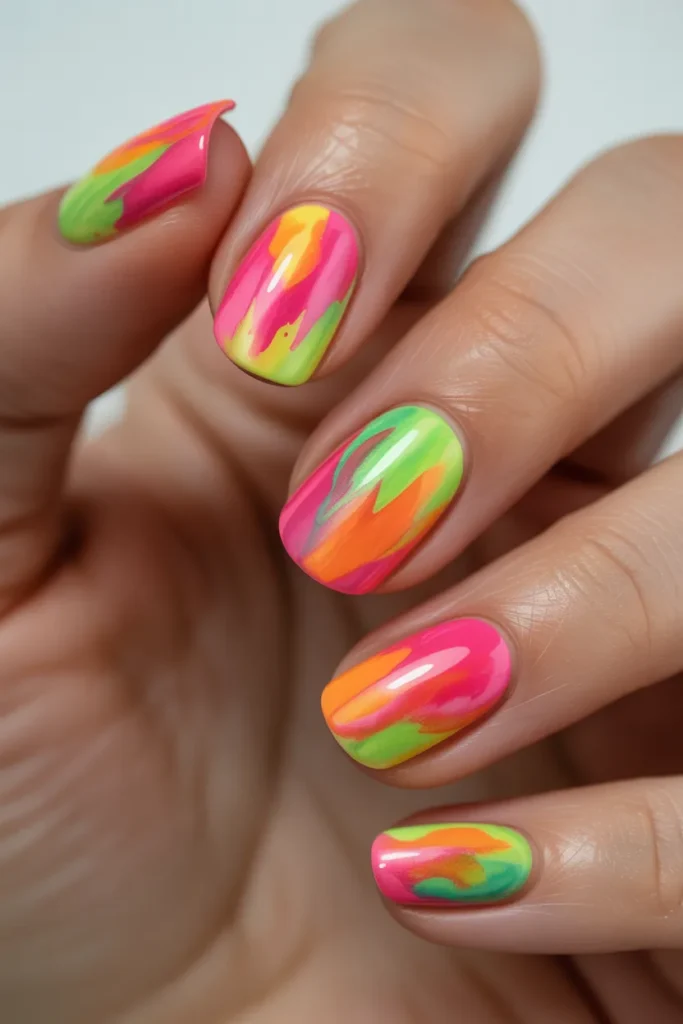 neon watercolor nails, bright pink green orange splashes