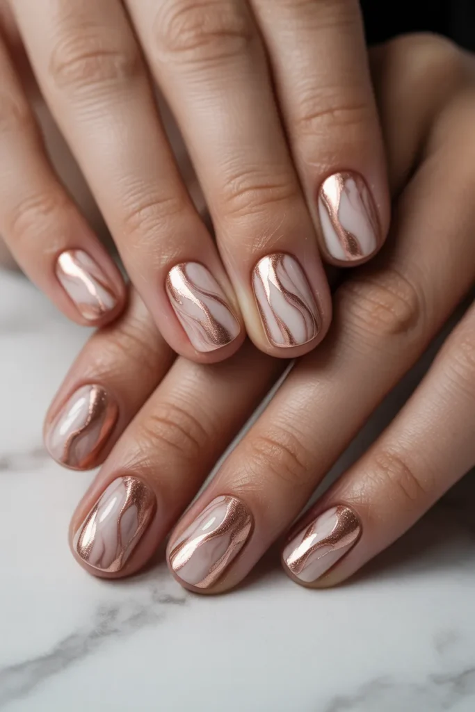 nude and rose gold water marble nails, metallic accents