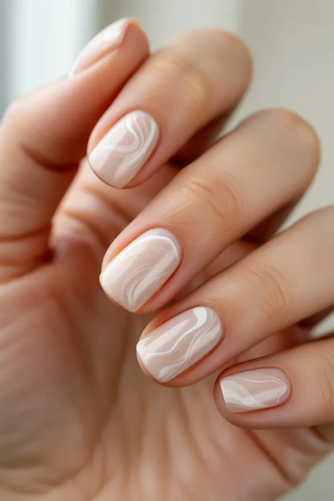 nude minimal marble nails, soft white swirl