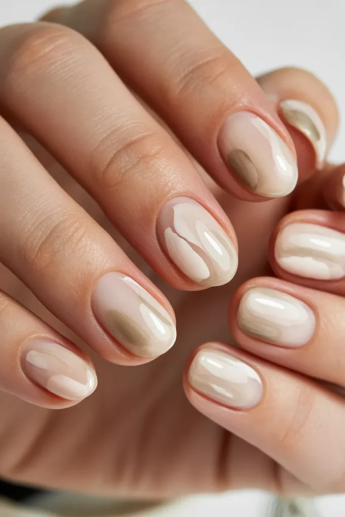 nude watercolor nails, beige white soft strokes