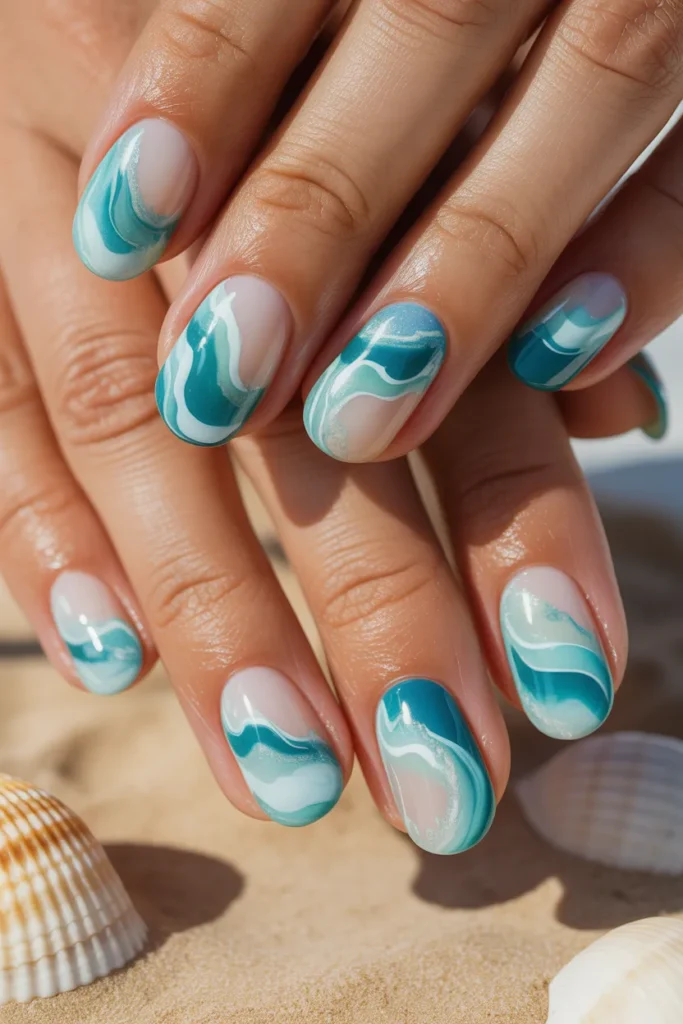  ocean watercolor nails, aqua teal white blend, wave-like nail art