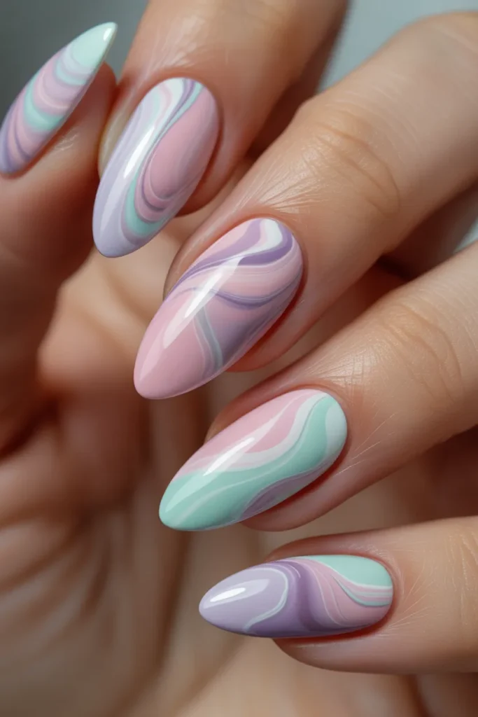 pastel pink, lavender, mint water marble nails