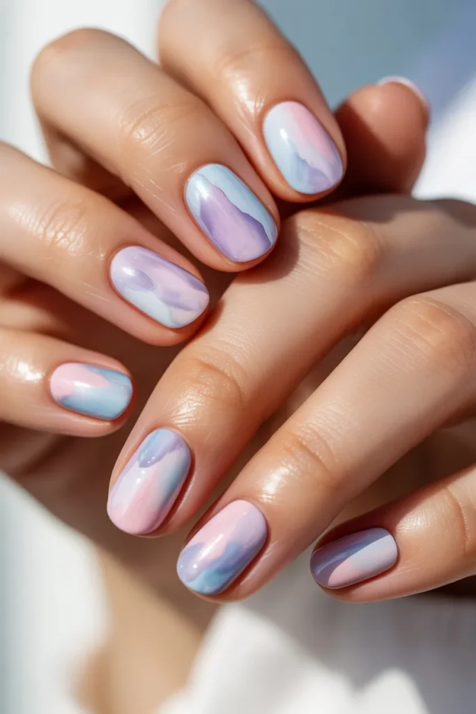 pastel watercolor nails, soft pink lavender blue blend