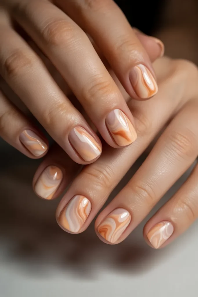 peach marble nails, soft warm tones swirl