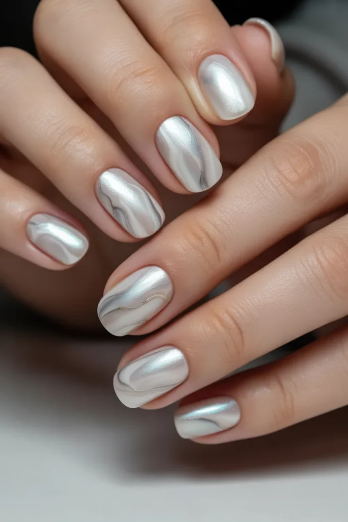 pearl white marble nails, shimmer finish elegant