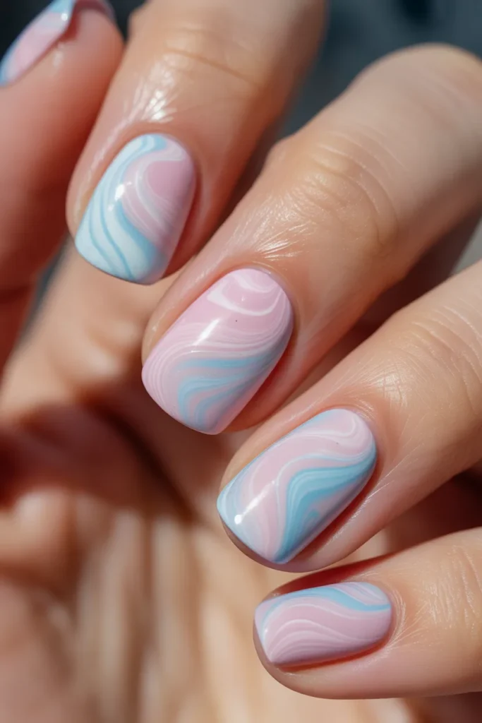 pink and blue cotton candy marble nails