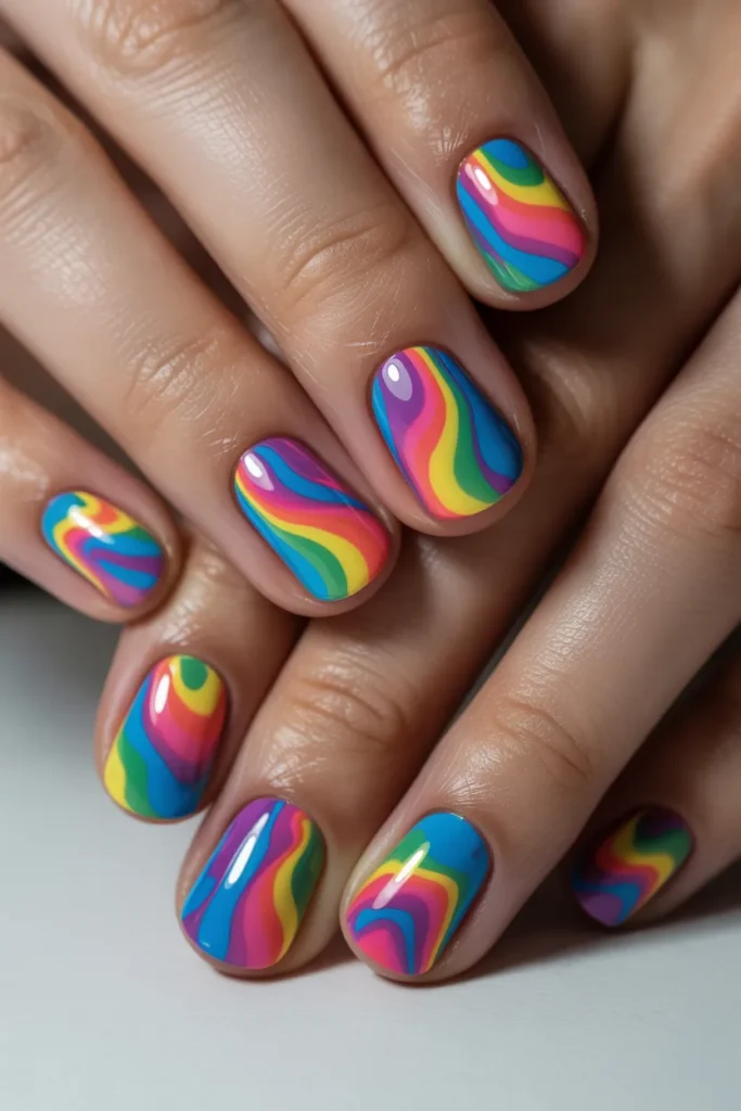 rainbow marble nails, multicolor swirl