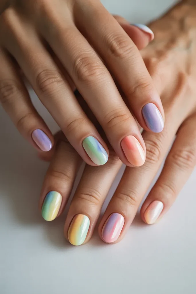 rainbow watercolor nails, pastel gradient each nail different
