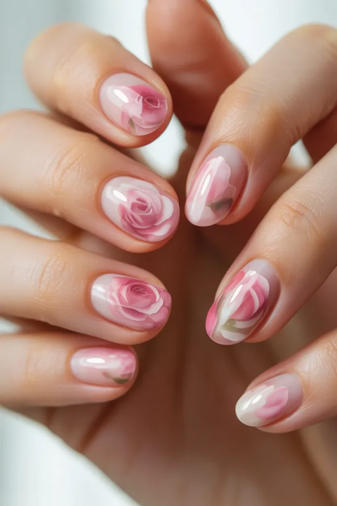 rose watercolor nails, soft pink petal effect, romantic nail art