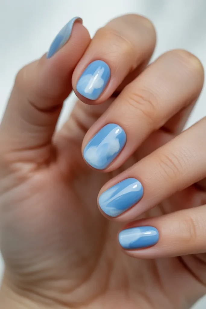 sky blue watercolor nails, soft white clouds