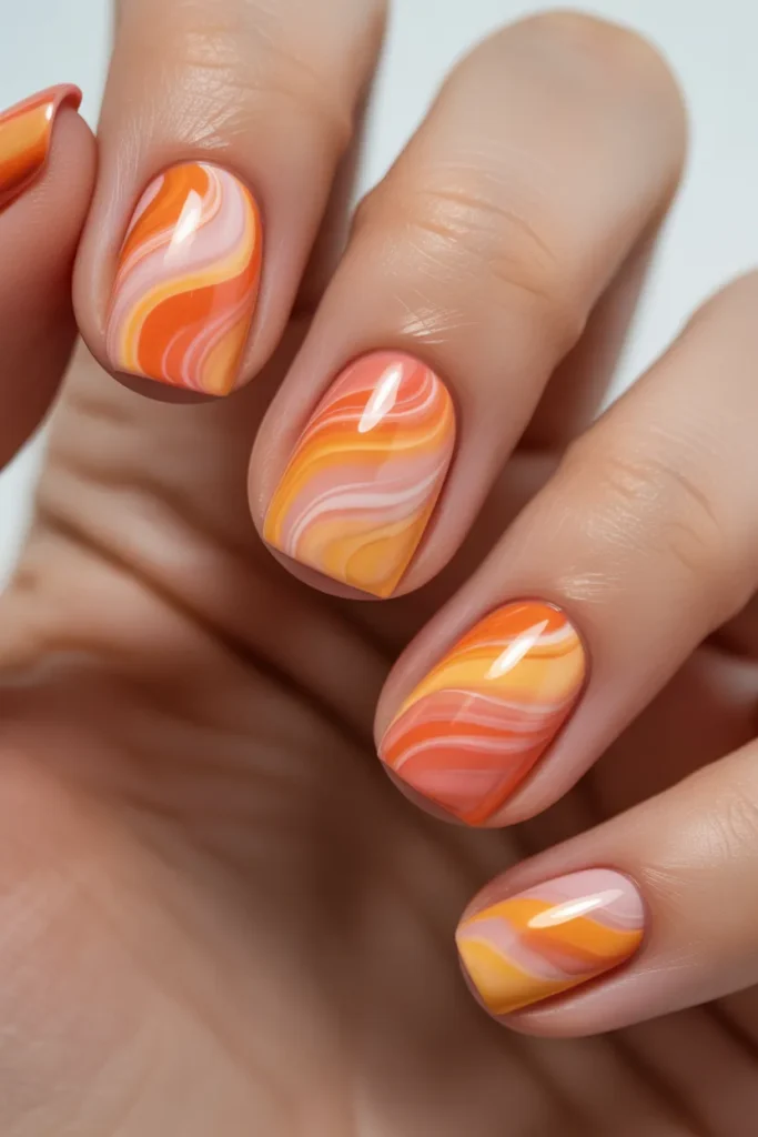 sunset water marble nails, orange pink yellow gradient swirl