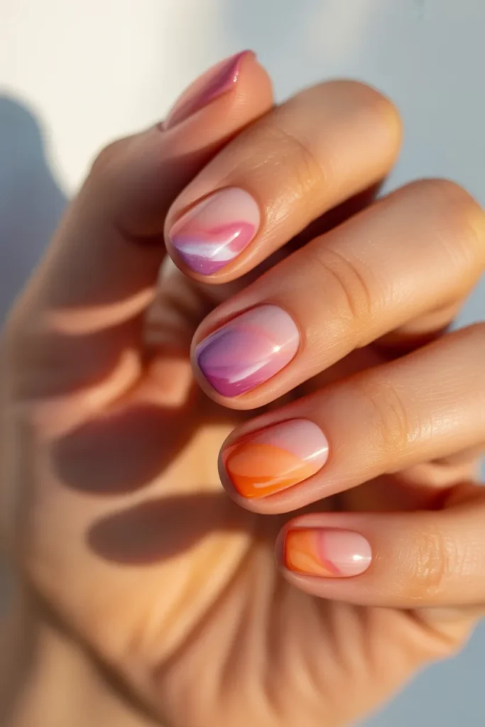 sunset watercolor nails, pink orange purple gradient