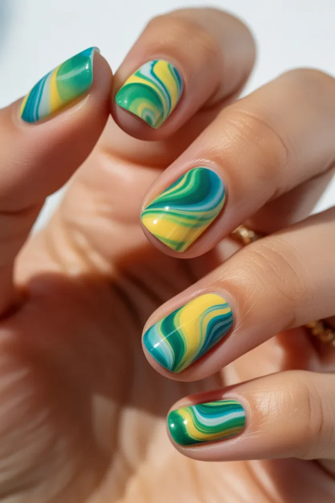 tropical marble nails, bright green yellow blue swirl