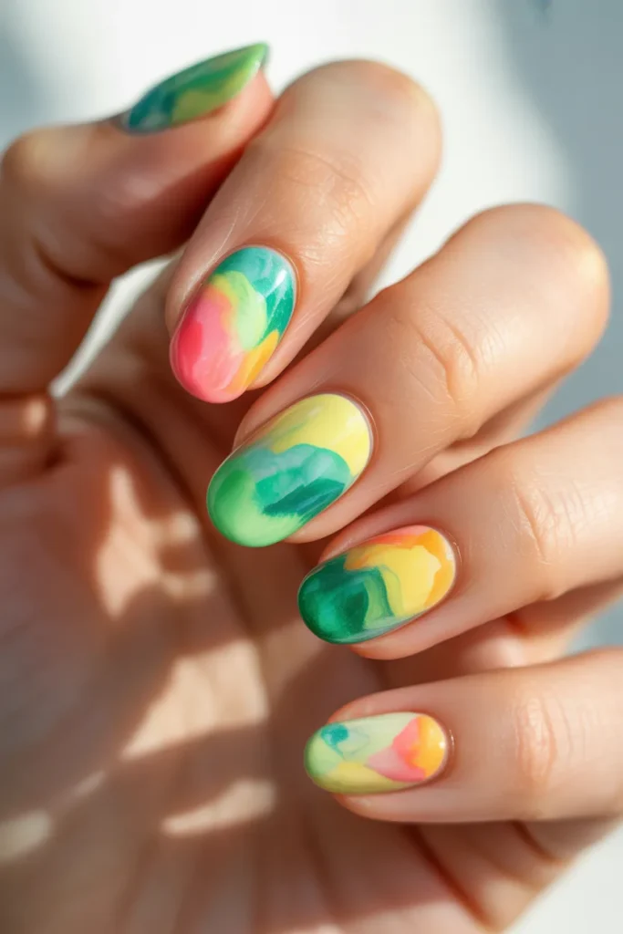  tropical watercolor nails, green yellow coral blend