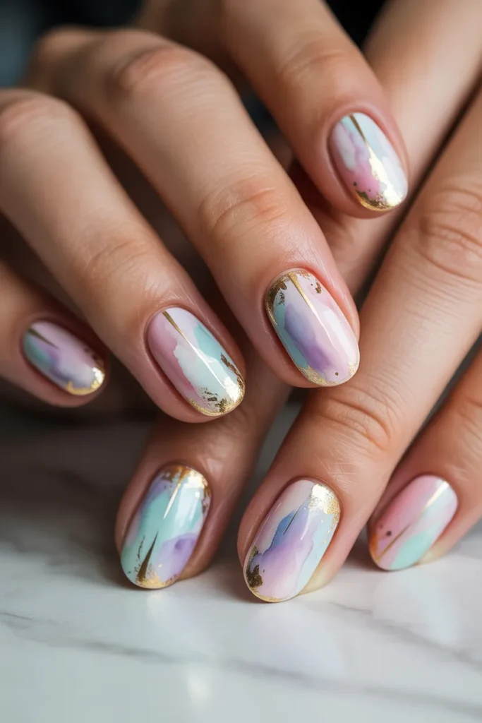 watercolor nails gold foil accents, pastel base