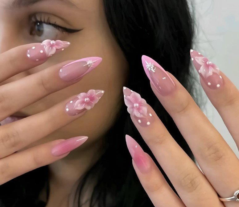 Pink 3D Floral Summer Nails