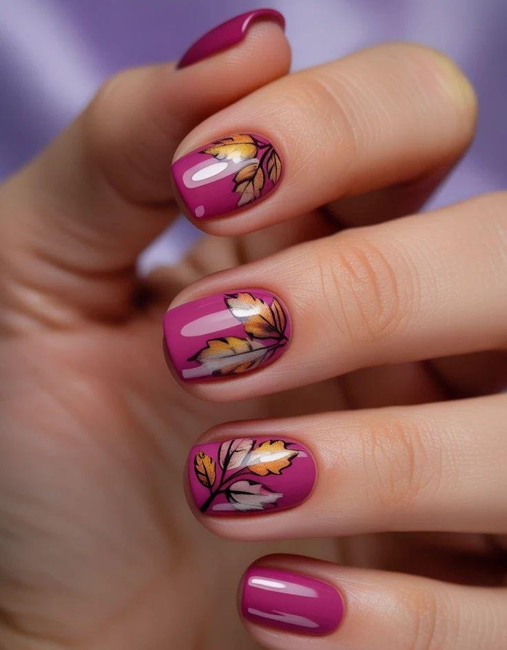 Autumn Pink Leaf October Nails