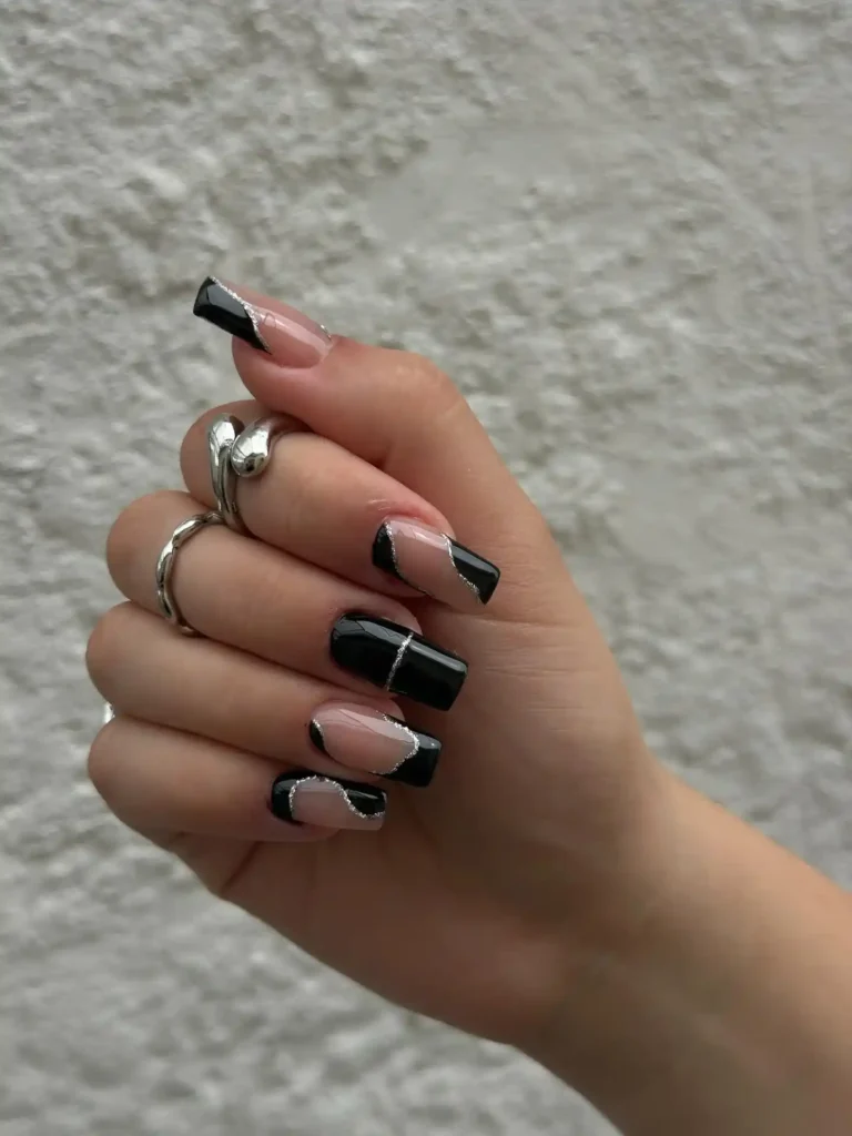 Black and Silver Glitter Nails