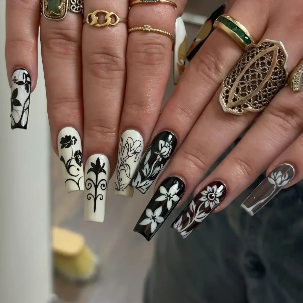 Black and White Floral Nails