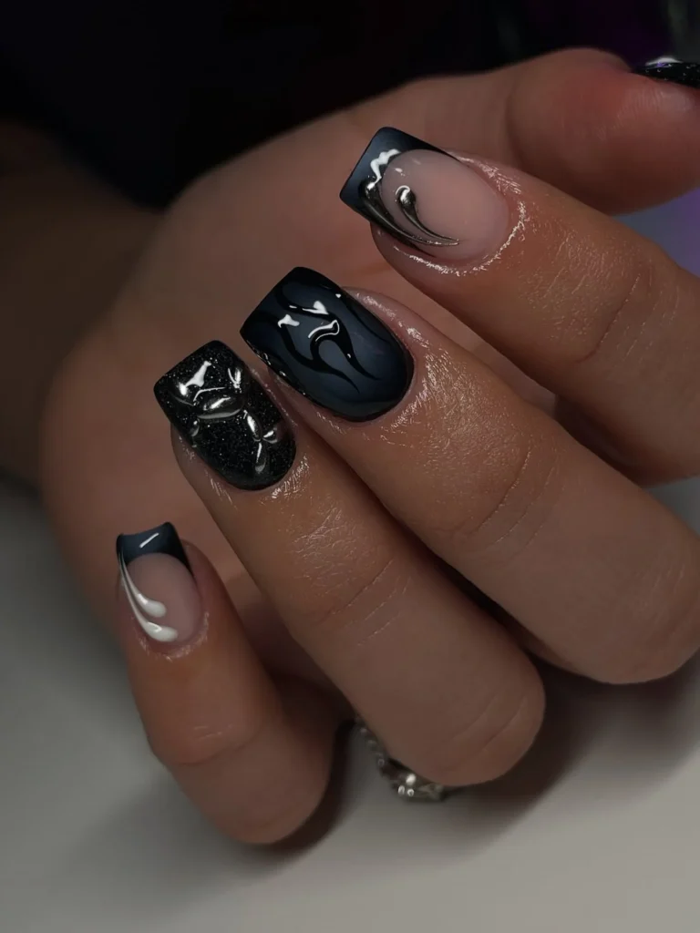 Glossy Black Square Nails with Nude Swirls